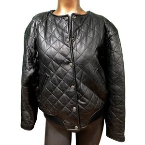 Vintage EXPRESS Black Quilted Genuine‎ Leather Bomber Jacket Women's Size S